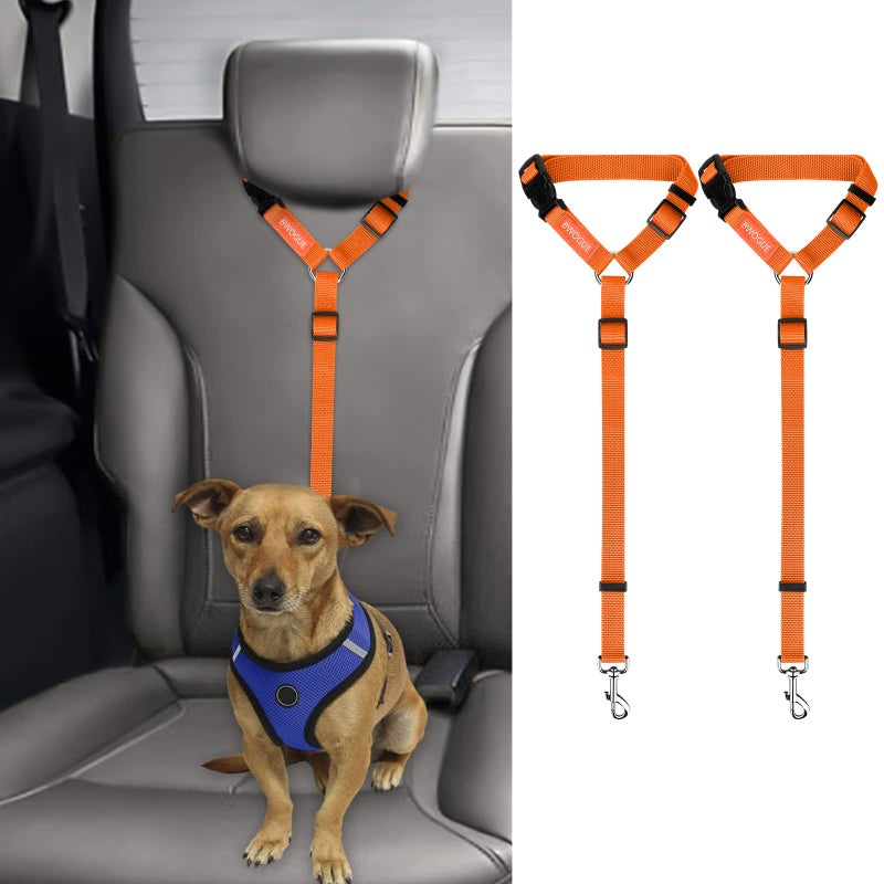 BWOGUE 2 Packs Dog Cat Safety Seat Belt Strap Car Headrest Restraint Adjustable Nylon Fabric Dog Restraints Vehicle Seatbelts Harness Orange - Image 1